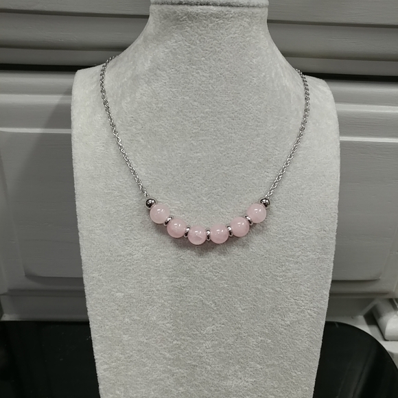 Rose Quartz Bead Necklace Natural Gemstone Crystal Stainless-Steel Chain 20" - Picture 3 of 13